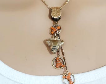 Antique Coral Charm Gold Filled Watch Fob Necklace Fancy Link Chain
