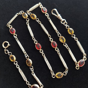 Antique Watch Chain 23", White Gold Filled Fancy Link Watch Chain, Citrine and Garnet Link Chain, Layering Necklace, Dog clip swivel clasp