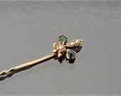 10k Antique Emerald Seed Pearl Fleur De Lis Stick Pin Victorian Yellow Gold Pin Antique Stick Pin 10k Stick Pin