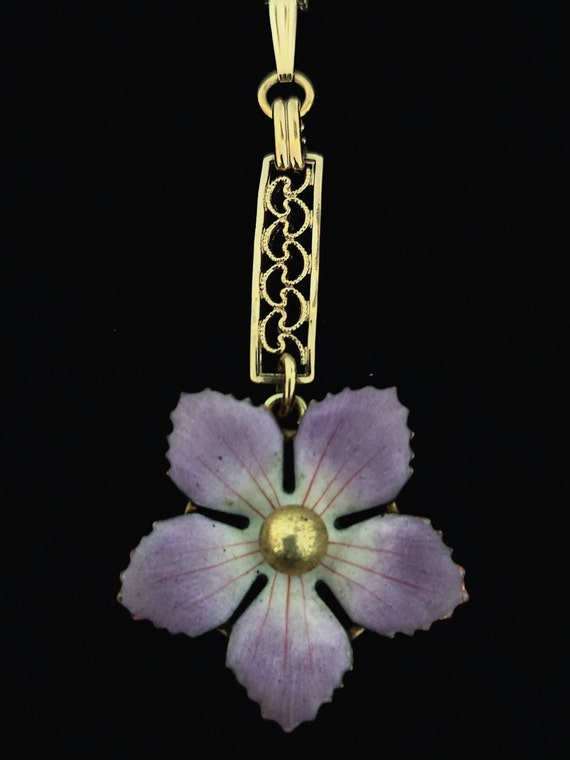 Victorian Enamel Flower Pendant, Antique Gold Fil… - image 2