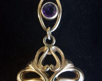Antique Fob Pendant, Gold Filled Victorian Pendant with Amethyst glass, Ornate Watch Fob Pendant