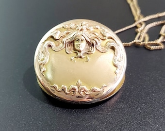 Antique Gold Filled Locket / Repousse Locket / Nouveau Ladies Head Locket / 1900 Gold Filled Jewelry / Gold Filled Chain