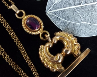 Antique Fob Pendant, Gold Filled Victorian Pendant with Genuine Amethyst, Ornate Watch Fob Pendant