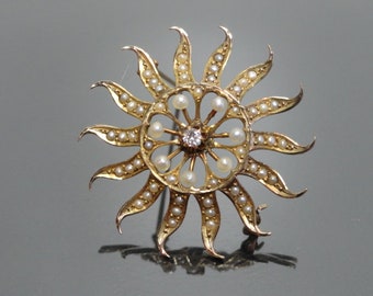 Antique Victorian 10k Yellow Gold Diamond Seed Pearl Starburst Brooch Pin