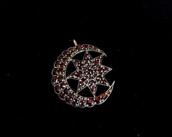 Bohemian Garnet Crescent Moon  and Star Pendant Circa 1880 -  1890, Gold Filled Antique Moon Pendant