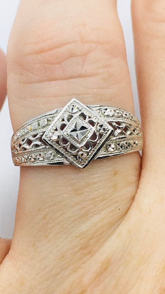 Art Deco Style 10k White Gold Diamond Cut Ring / W