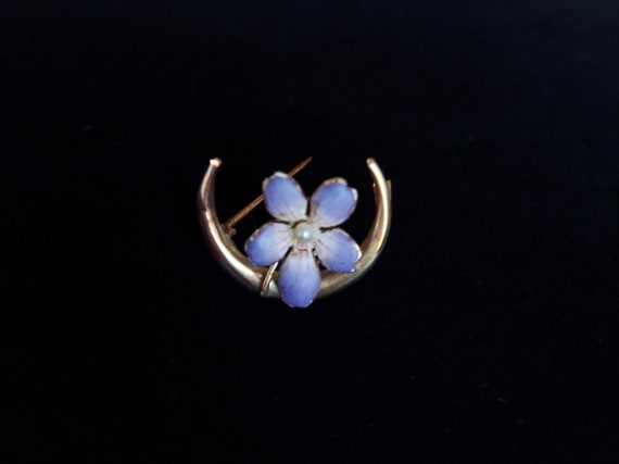 Antique 10k Crescent Moon Enamel Violet Pin - image 5