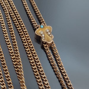 Antique Turquoise and Seed Pearl Slide / Yellow Gold Filled Long Muff Chain / Watch Guard 48&quot; Long / Antique Watch Chain / Antique Slide