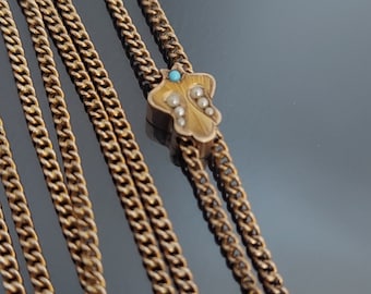 Antique Turquoise and Seed Pearl Slide / Yellow Gold Filled Long Muff Chain / Watch Guard 48&quot; Long / Antique Watch Chain / Antique Slide