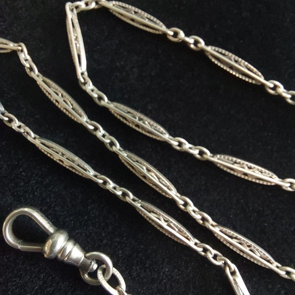 Antique Watch Chain 14.5", 14k White Gold Filled Watch Chain, Fancy Link Chain , Layering Necklace, Dog clip swivel clasp