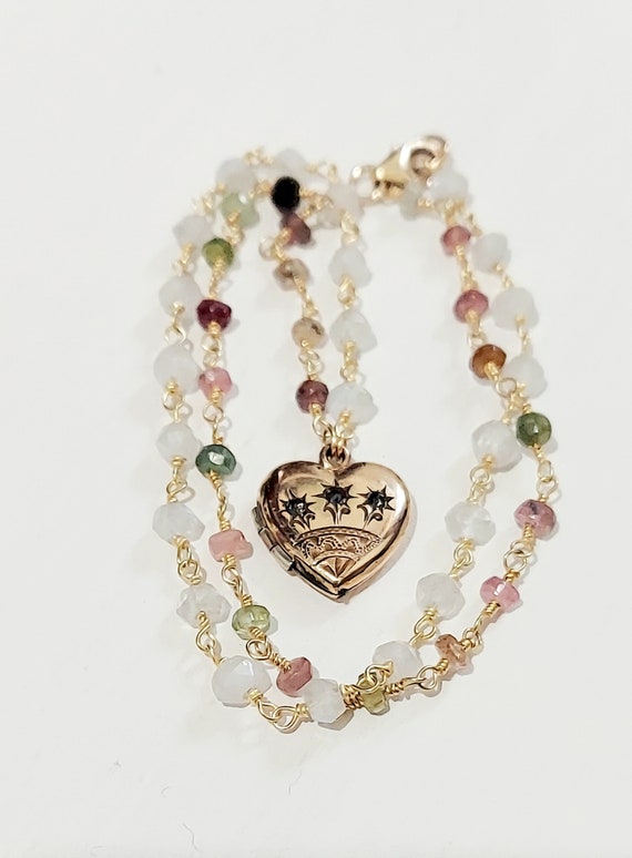 Antique Gold Filled Heart Locket / Paste Stone Lo… - image 9