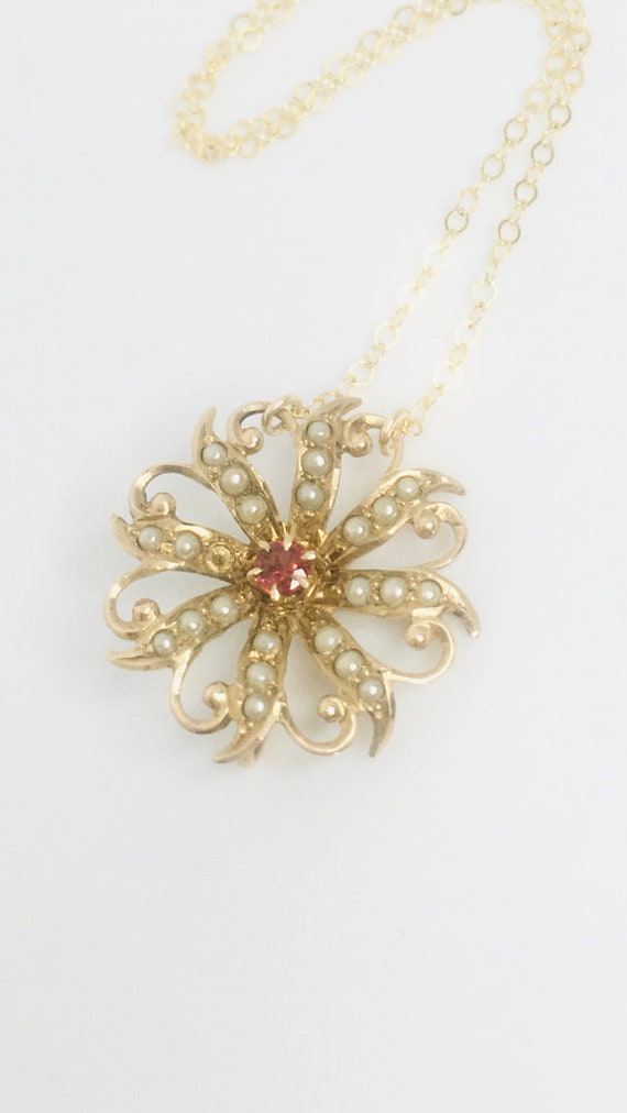 10k Gold Ruby Seed Pearl Pendant / Antique Gold P… - image 7