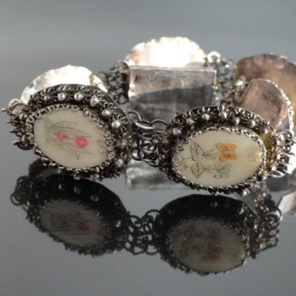 Sterling Schrimshaw Panel Bracelet / Antique Chinese Import Bracelet / Bovine Bone Bracelet / Filigree Antique / Etruscan / Hand Painted