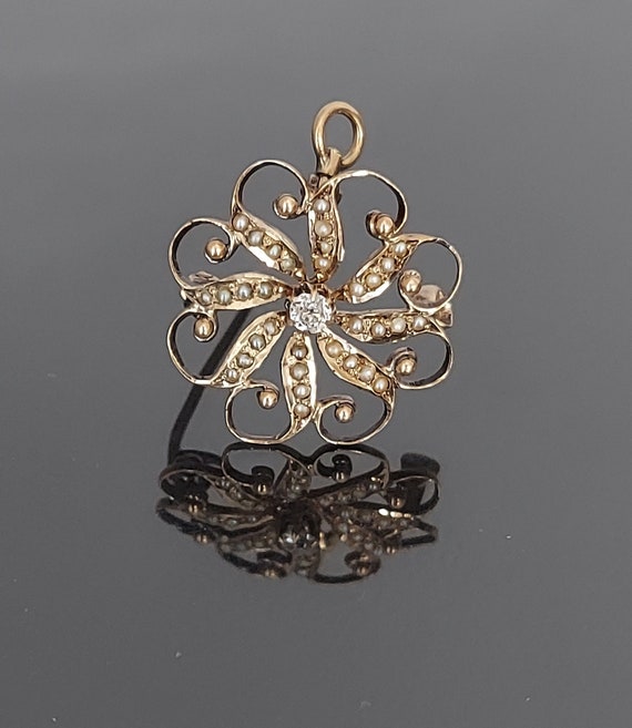 Victorian 10k Gold Diamond Seed Pearl Pin Pendant 