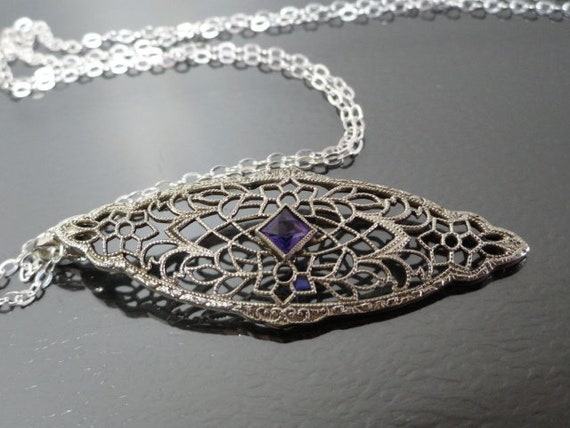 10k White Gold Filigree Pendant / Edwardian Ameth… - image 3