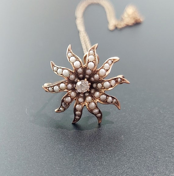 Antique Victorian 10k Diamond Pendant / Star Burst