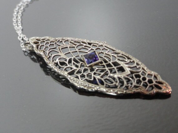 10k White Gold Filigree Pendant / Edwardian Ameth… - image 1