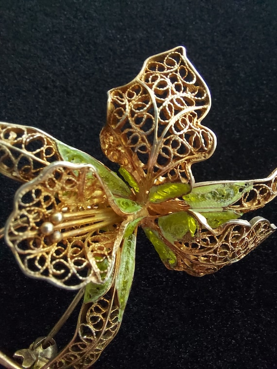 Brocante : Broche Ancienne En Argent Filigrané Motif Orchidée - Poinçon 925