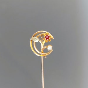 Antique Victorian 10k Gold Crescent Moon Garnet Seed Pearl Flower Stick Pin Lapel Pin Hat Pin Antique Jewelry