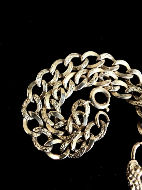 Antique Charm Bracelet,  Heart Padlock, Repousse,… - image 4