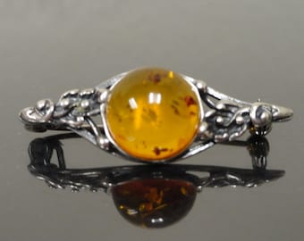 Broche Art Nouveau Début XXe Siècle - Argent Et Ambre Naturel - Bijou Ancien - Occasion