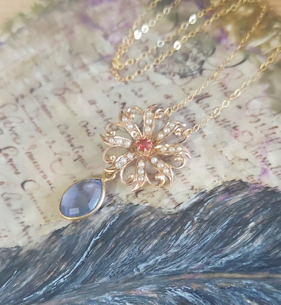 10k Gold Ruby Seed Pearl Pendant / Antique Gold P… - image 4