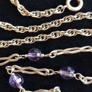 Antique Watch Chain 16.25&quot;, 12k Gold Filled Fancy Link Watch Chain, Amethyst Link Chain, Layering Necklace, Dog clip swivel clasp