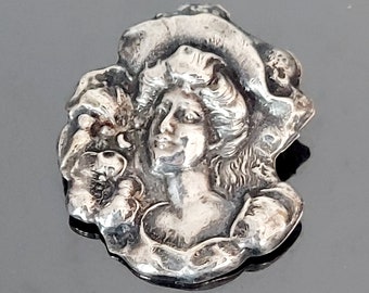 Antigo original art nouveau prata esterlina senhora repousse broche de cabeça feminina