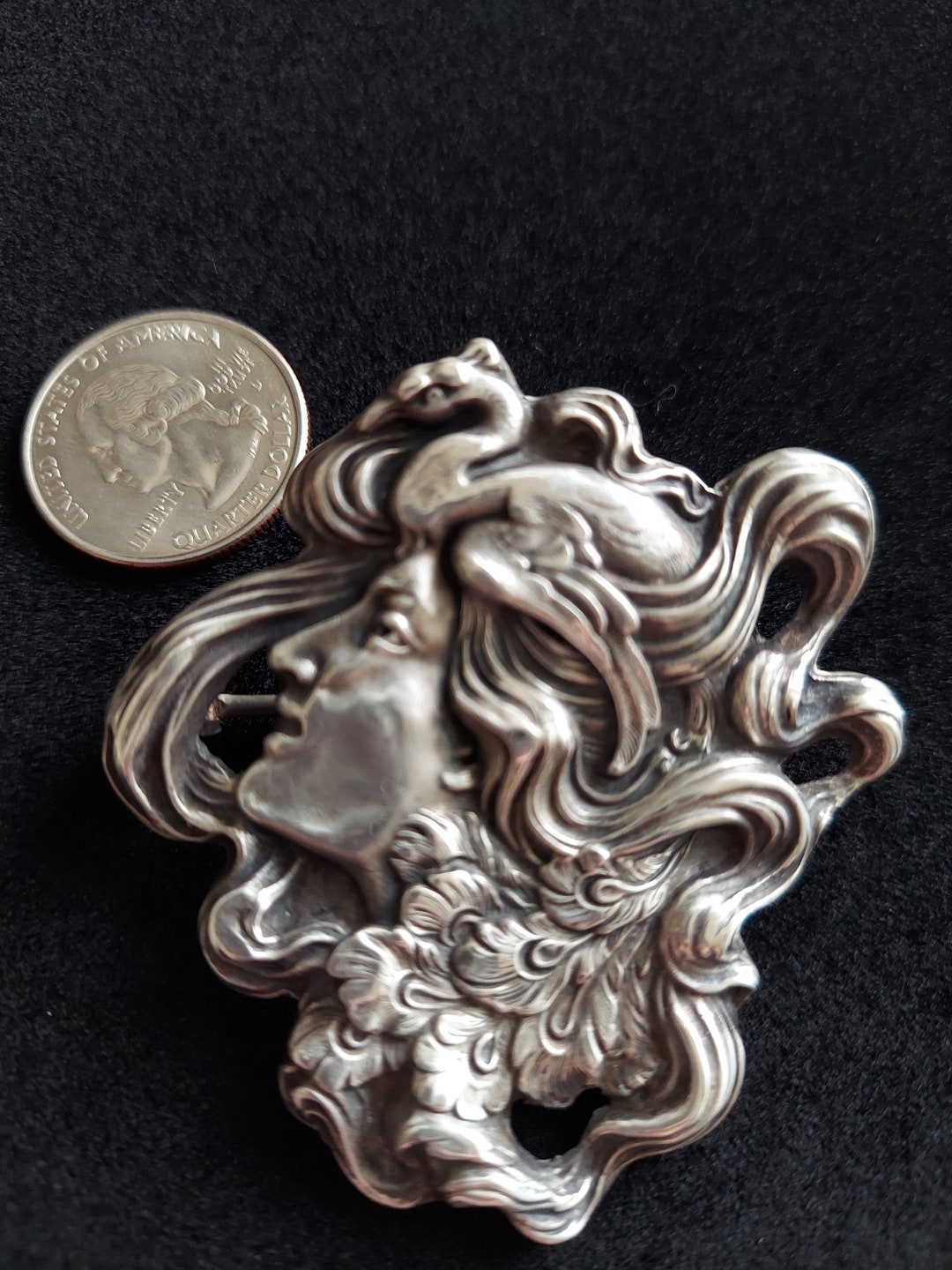 Unger Brothers Sterling Silver Brooch / Art Nouveau Lady Floral Brooch ...