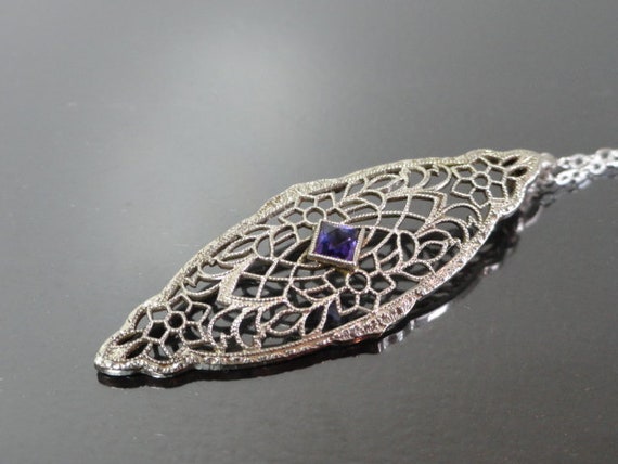 10k White Gold Filigree Pendant / Edwardian Ameth… - image 2