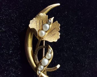 10k Gold Crescent Moon / Honeymoon Brooch / Antique Seed Pearl / Art Nouveau 10k Jewelry / 10k Flower Brooch Pin