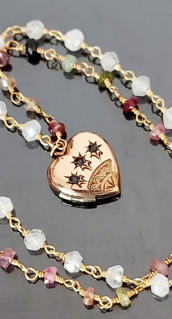 Antique Gold Filled Heart Locket / Paste Stone Lo… - image 4