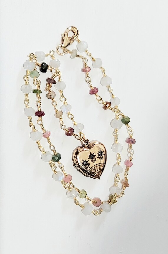 Antique Gold Filled Heart Locket / Paste Stone Lo… - image 7
