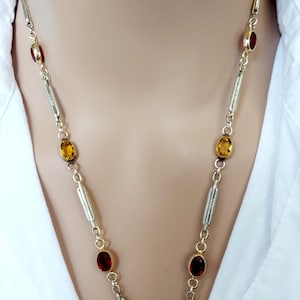Antique Watch Chain 23&quot;, White Gold Filled Fancy Link Watch Chain, Citrine and Garnet Link Chain, Layering Necklace, Dog clip swivel clasp
