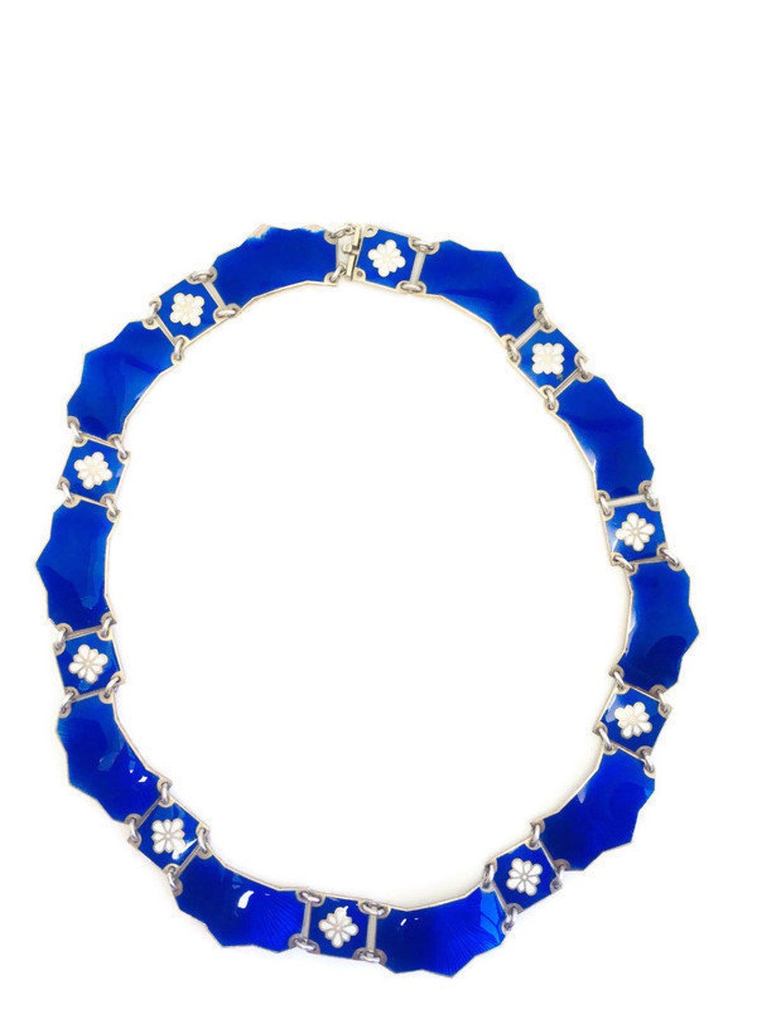 Norway Sterling Enamel Scalloped Collar Necklace Guilloche Flower