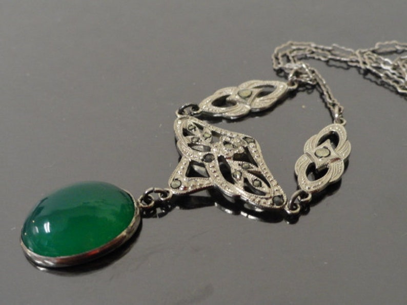 Antique Sterling Green Chalcedony Marcasite Lavalier Necklace - Etsy