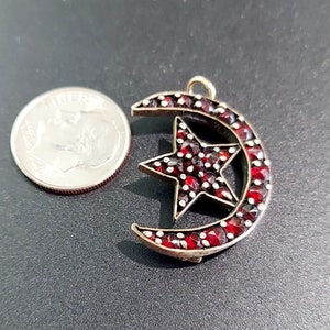 Bohemian Garnet Crescent Moon  and Star Pendant Circa 1880 -  1890 / Gold Filled