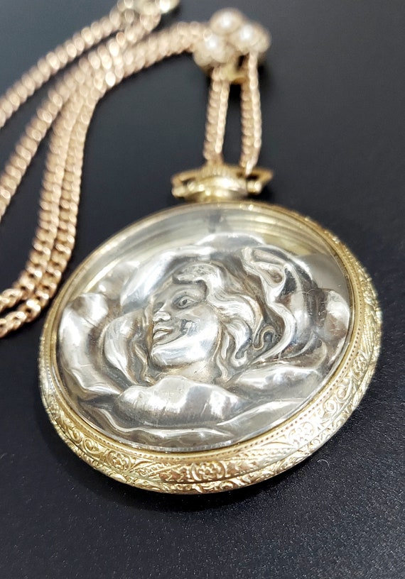 Large Antique Pendant / Sterling Repousse / Gold … - image 3