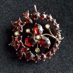 Victorian Bohemian Garnet Pendant, Antique Clover Pendant, Bohemian Garnet and Seed Pearl, Antique Pin Conversion, Upcycled Jewelry