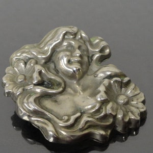 Antique Original Art Nouveau Sterling Silver Flower Ladies Head Pin Brooch