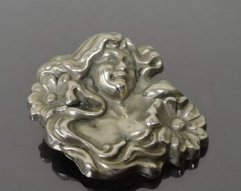 Antique Original Art Nouveau Sterling Silver Flower Ladies Head Pin Brooch