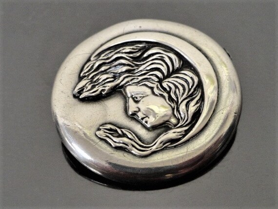Antique Art Nouveau Sterling Silver Ladies Head Crescent
