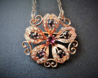 10k Gold Antique Necklace / Amethyst Seed Pearl Pendant / Antique Flower Brooch Conversion / Pin Pendant Circa Late 1800