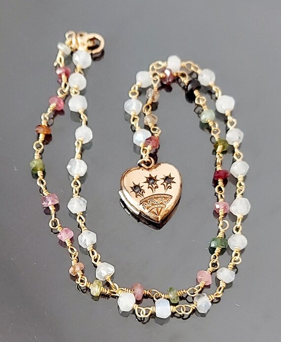 Antique Gold Filled Heart Locket / Paste Stone Lo… - image 5