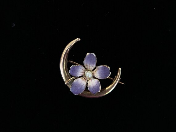 Antique 10k Crescent Moon Enamel Violet Pin - image 2