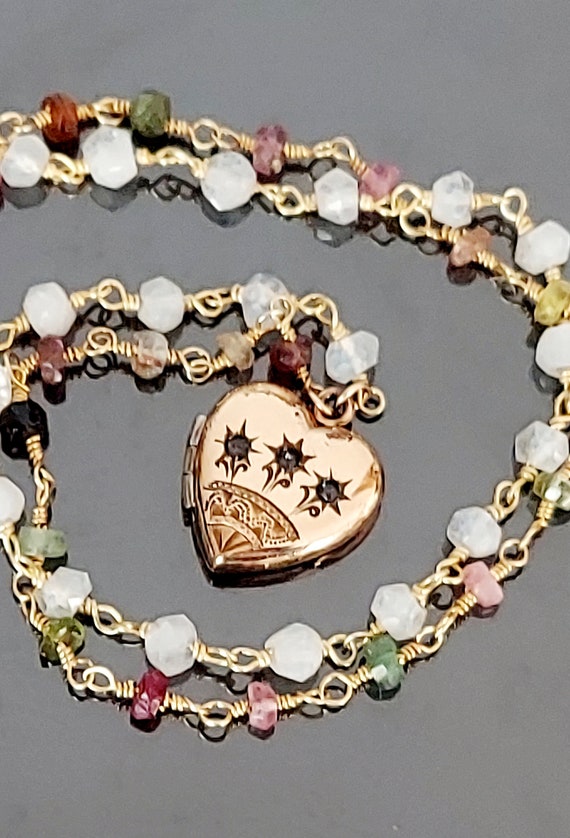 Antique Gold Filled Heart Locket / Paste Stone Lo… - image 1