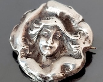 Art Nouveau Prata Esterlina Lady Repousse Senhoras Pino de Cabeça Broche assinado William Link 1902
