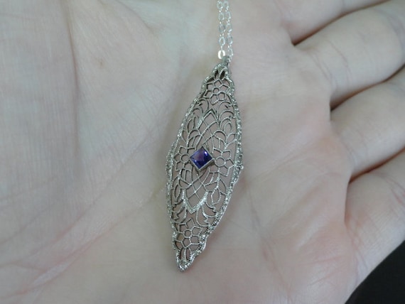 10k White Gold Filigree Pendant / Edwardian Ameth… - image 7