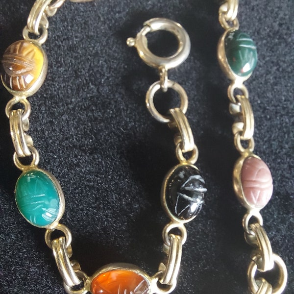 SCARAB Bracelet Vintage Gold Filled,  8 Small Genuine Semi Precious Stones, 8" Long