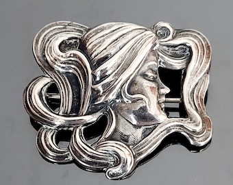 Antique Original Art Nouveau Sterling Silver Lady Repousse Large Ladies Head Pin Brooch / William Kerr Design Sterling Brooch